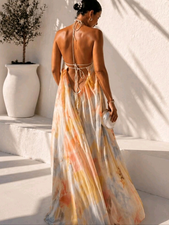 Dresses & Skirts - Tie-Back Watercolor Maxi Dress in Pastel Yellow & Peach